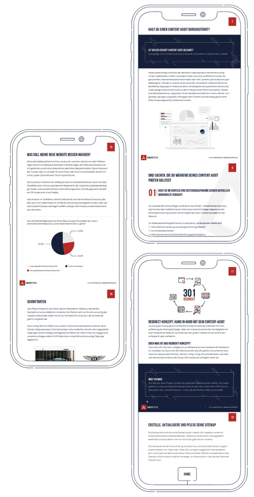 mockup smartphone comp Ein Relaunch muss wohl überlegt sein – Es hängt viel davon ab. Eine funktionierende Strategie und ein genauer Plan sind dabei unerlässlich. Um dir einen Vorteil zu verschaffen, haben wir hier die wichtigsten Punkte aufgelistet, die sich die Crew von SMARTTEC vor einem so großen Schritt wie einem Relaunch stellt. SMARTTEC